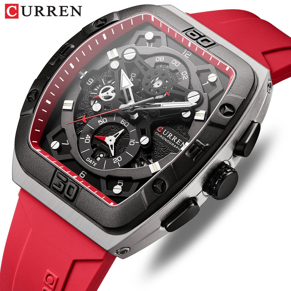 Men's Quartz Watch With Rectangle Dial, Silica Gel Strap And Pin Buckle, Featuring Ordinary Glass Mirror