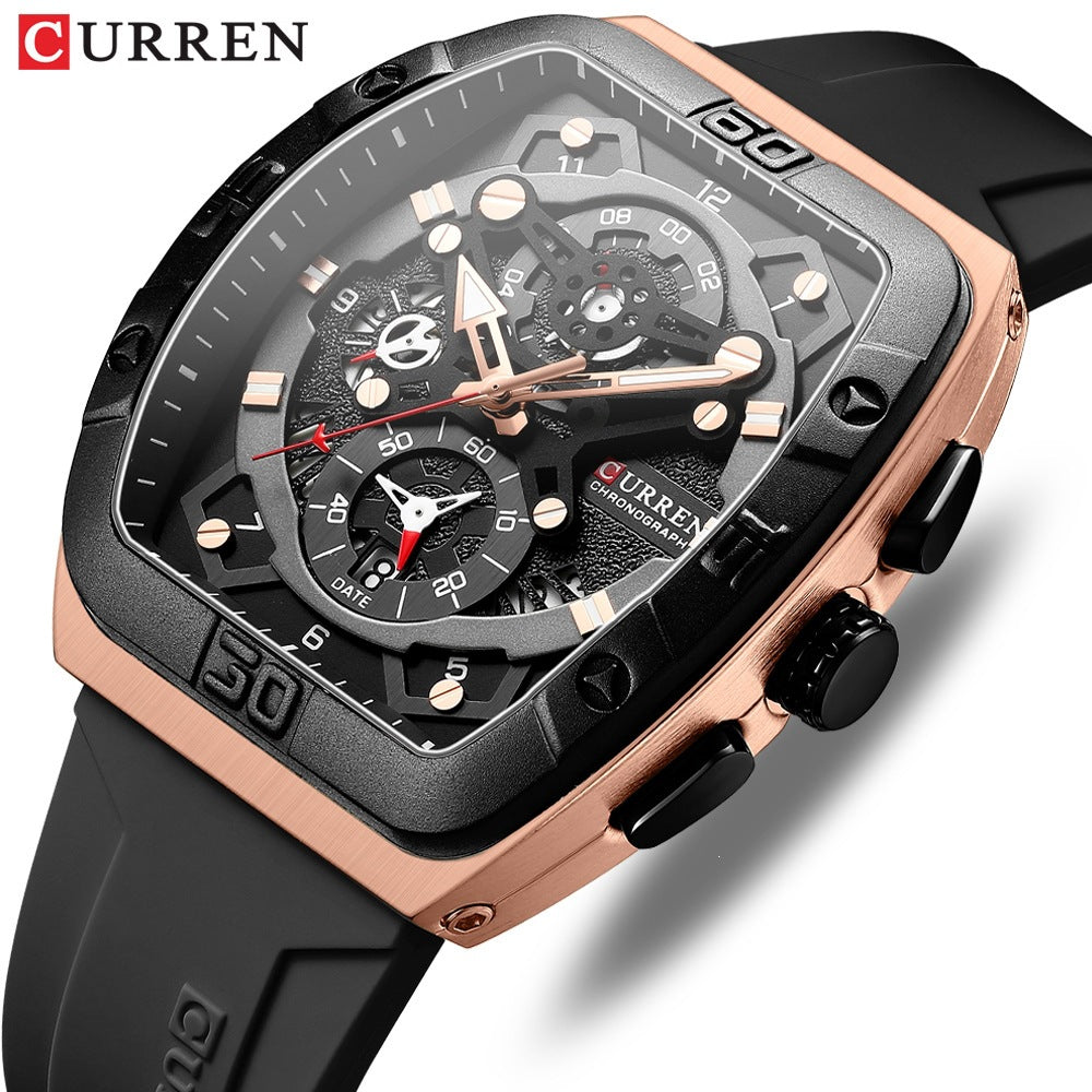 Men's Quartz Watch With Rectangle Dial, Silica Gel Strap And Pin Buckle, Featuring Ordinary Glass Mirror