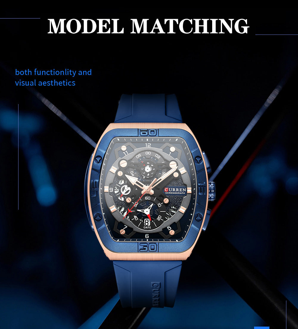 Men's Quartz Watch With Rectangle Dial, Silica Gel Strap And Pin Buckle, Featuring Ordinary Glass Mirror