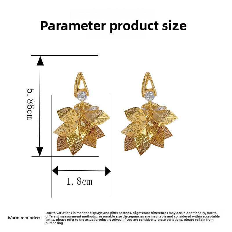 Exaggerated Leaves Tassel Drop Earrings For Women In Real Gold Plated Copper