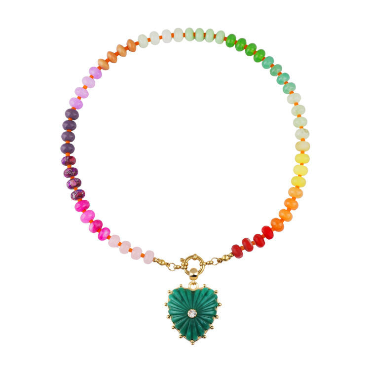 Heart Shape Beading Pendant Necklace For Women In Rainbow With Tropical Style, 304 Stainless Steel And Imitation Pearl On Beaded Chain