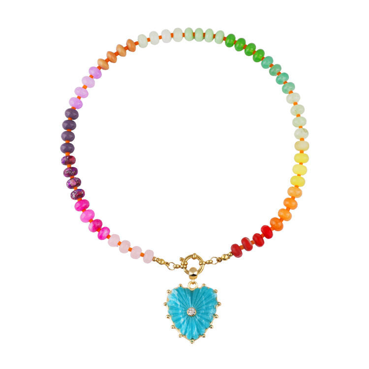Heart Shape Beading Pendant Necklace For Women In Rainbow With Tropical Style, 304 Stainless Steel And Imitation Pearl On Beaded Chain