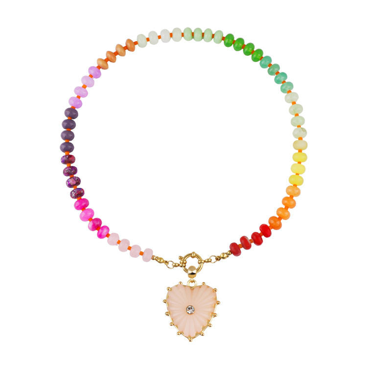 Heart Shape Beading Pendant Necklace For Women In Rainbow With Tropical Style, 304 Stainless Steel And Imitation Pearl On Beaded Chain