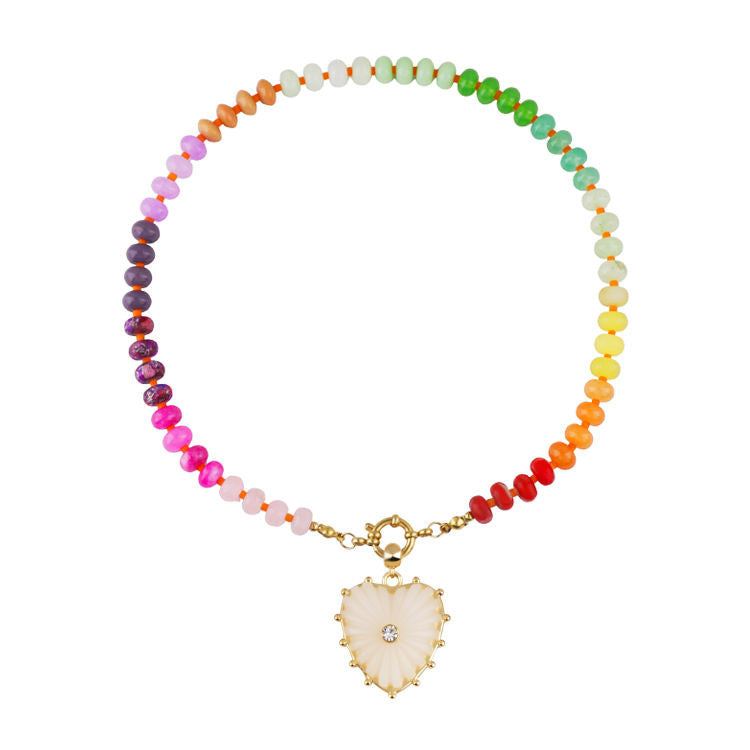 Heart Shape Beading Pendant Necklace For Women In Rainbow With Tropical Style, 304 Stainless Steel And Imitation Pearl On Beaded Chain