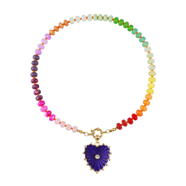 Heart Shape Beading Pendant Necklace For Women In Rainbow With Tropical Style, 304 Stainless Steel And Imitation Pearl On Beaded Chain