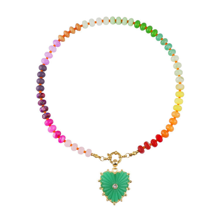 Heart Shape Beading Pendant Necklace For Women In Rainbow With Tropical Style, 304 Stainless Steel And Imitation Pearl On Beaded Chain
