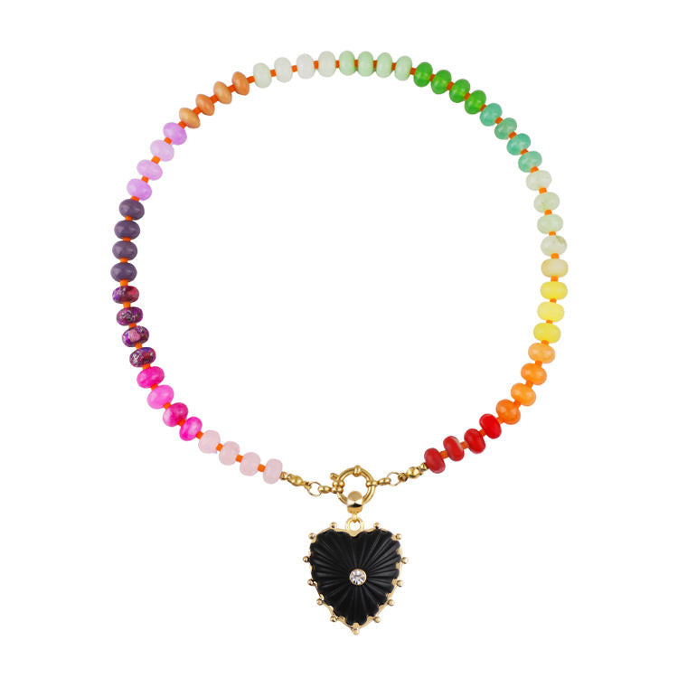 Heart Shape Beading Pendant Necklace For Women In Rainbow With Tropical Style, 304 Stainless Steel And Imitation Pearl On Beaded Chain