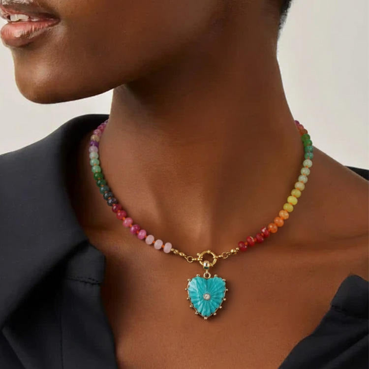 Heart Shape Beading Pendant Necklace For Women In Rainbow With Tropical Style, 304 Stainless Steel And Imitation Pearl On Beaded Chain