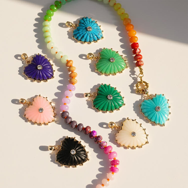 Heart Shape Beading Pendant Necklace For Women In Rainbow With Tropical Style, 304 Stainless Steel And Imitation Pearl On Beaded Chain
