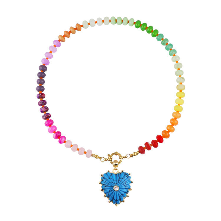 Heart Shape Beading Pendant Necklace For Women In Rainbow With Tropical Style, 304 Stainless Steel And Imitation Pearl On Beaded Chain