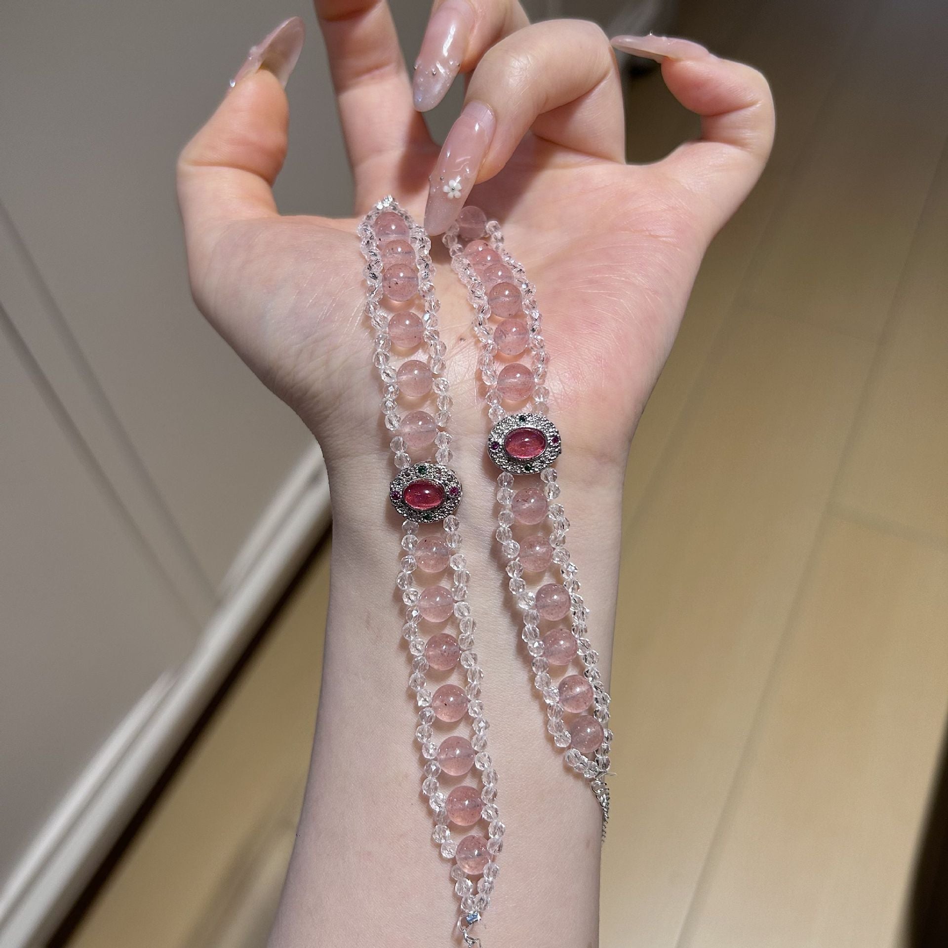 Sweet Natural Pink 6-7mm Pearl Diameter Beaded Bow Tie Bracelet For Women Featuring Natural Stone Inlay