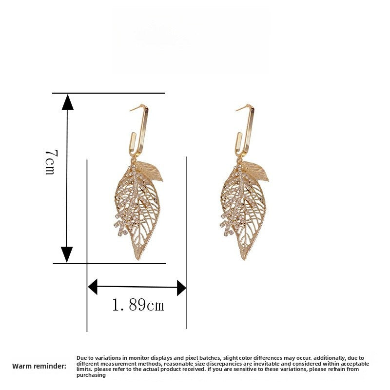Exaggerated Leaves Tassel Drop Earrings For Women In Real Gold Plated Copper With Zircon Inlay