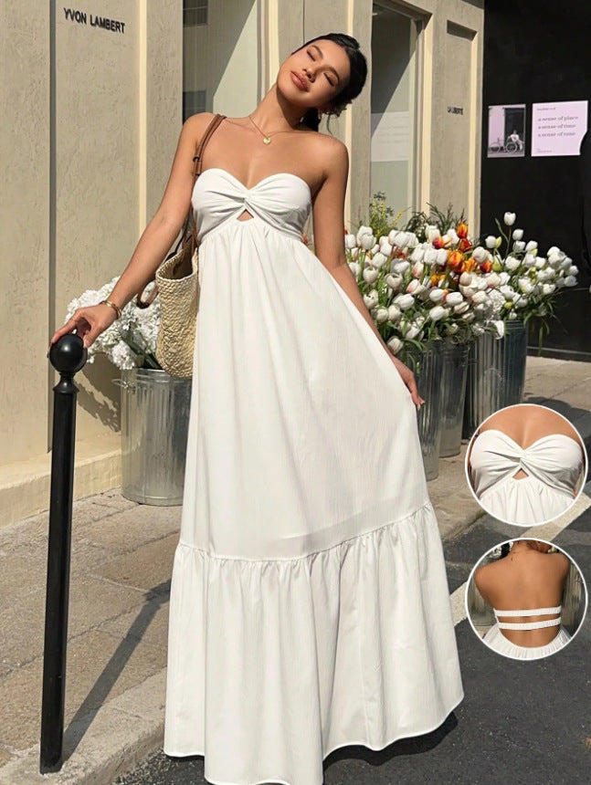 Bohemian Solid Color Sleeveless Tube Bra Boho Dress For Holiday, Made With Comfortable Polyester Fabric
