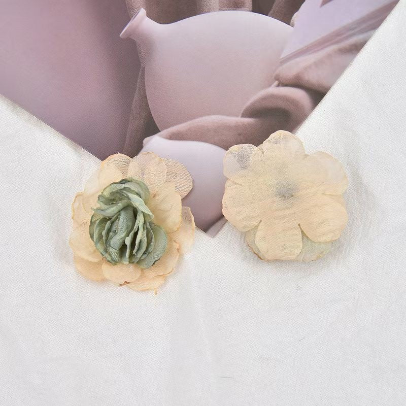 Handmade Cloth Flowers Earring Findings In Beige, Retro Style Jewelry Accessories