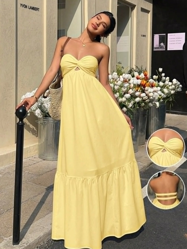 Bohemian Solid Color Sleeveless Tube Bra Boho Dress For Holiday, Made With Comfortable Polyester Fabric