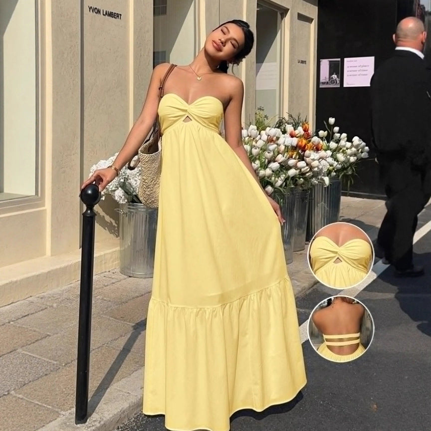 Bohemian Solid Color Sleeveless Tube Bra Boho Dress For Holiday, Made With Comfortable Polyester Fabric