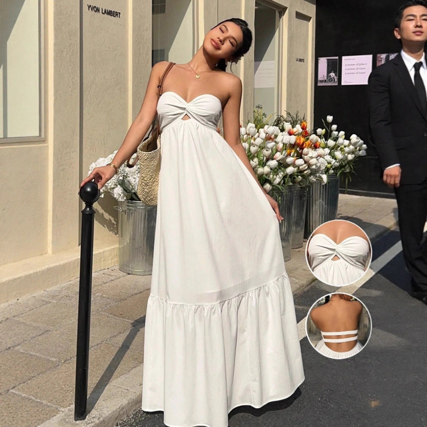 Bohemian Solid Color Sleeveless Tube Bra Boho Dress For Holiday, Made With Comfortable Polyester Fabric