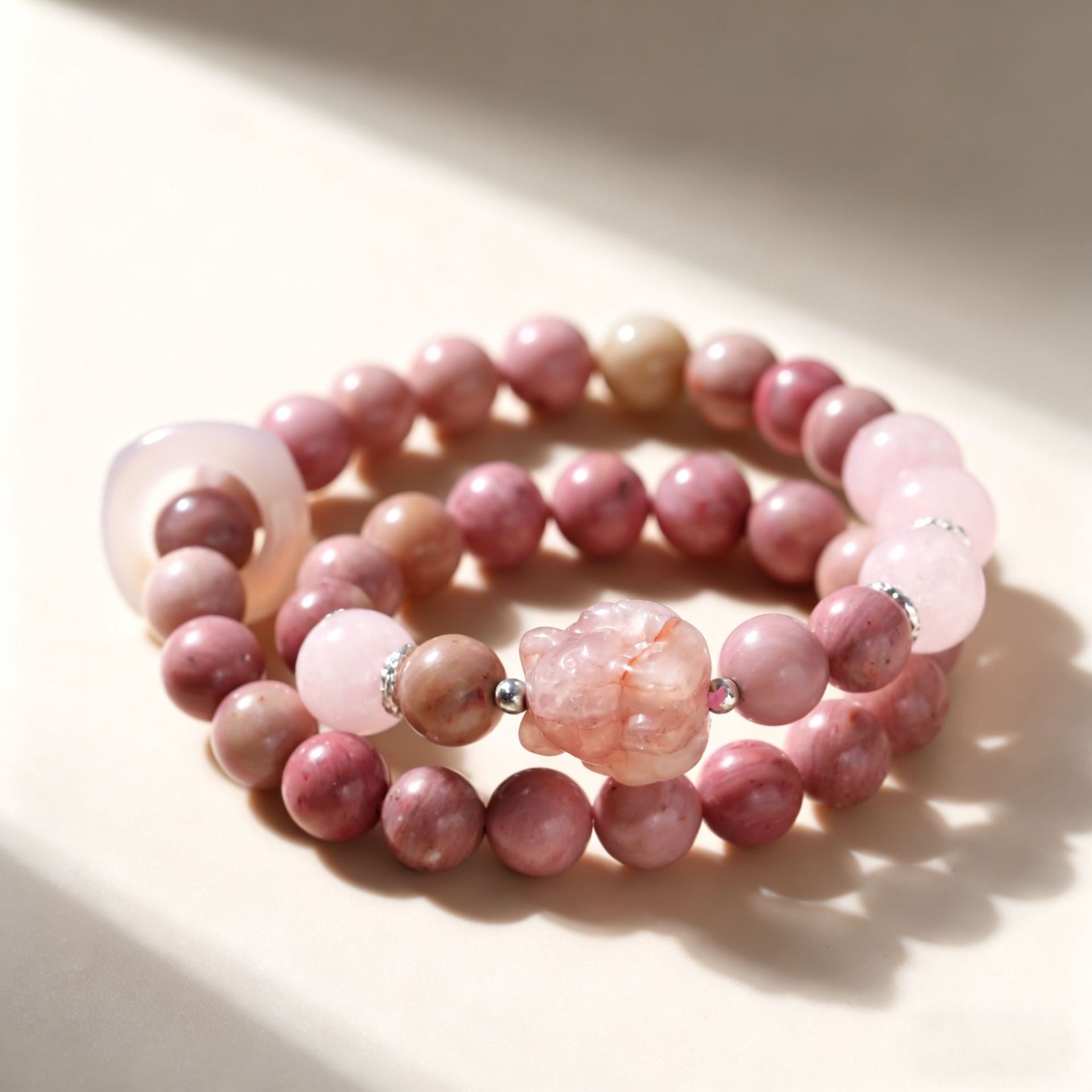 Natural Pink Crystal Gourd Bracelet With Rhodochrosite Inlay Beading For Women
