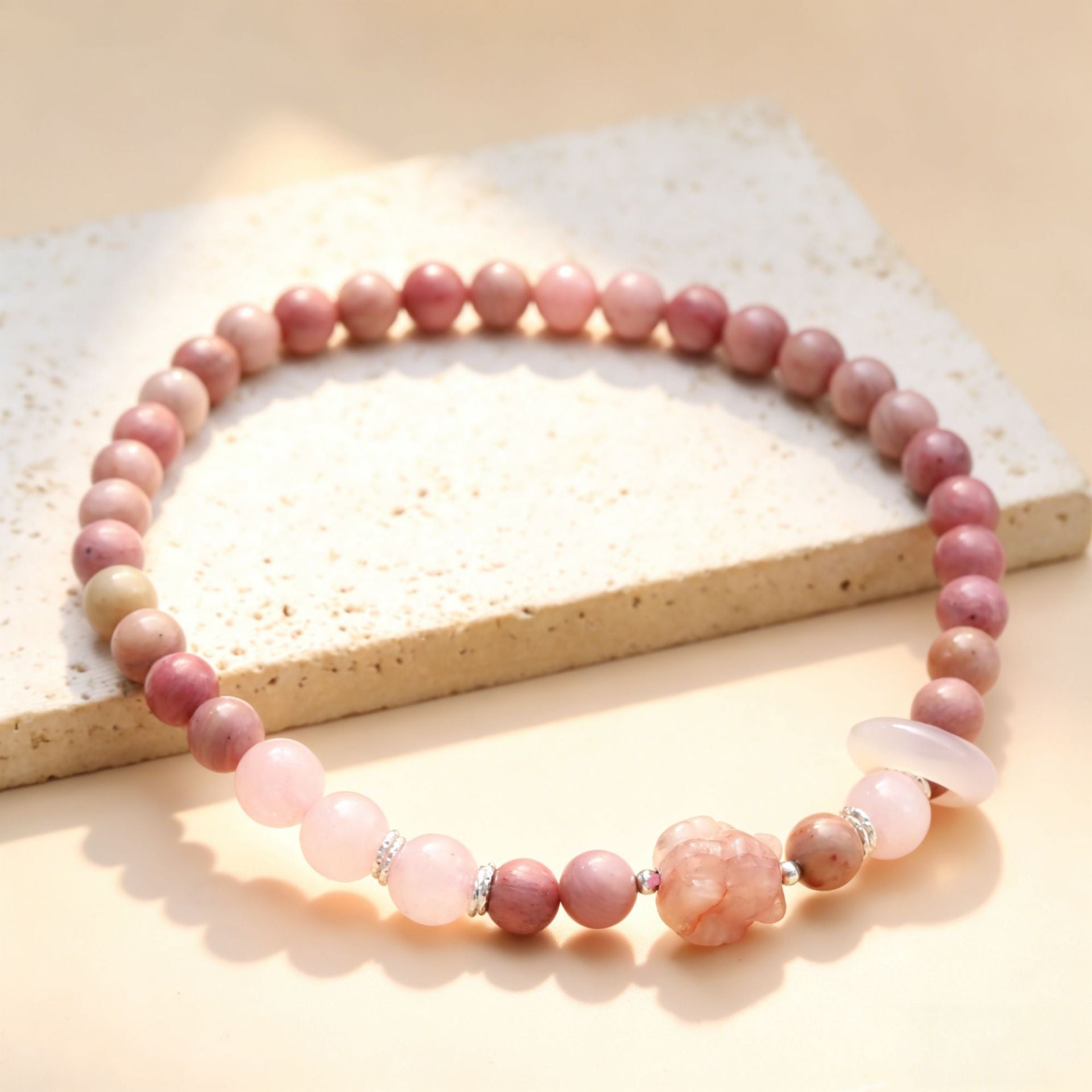 Natural Pink Crystal Gourd Bracelet With Rhodochrosite Inlay Beading For Women