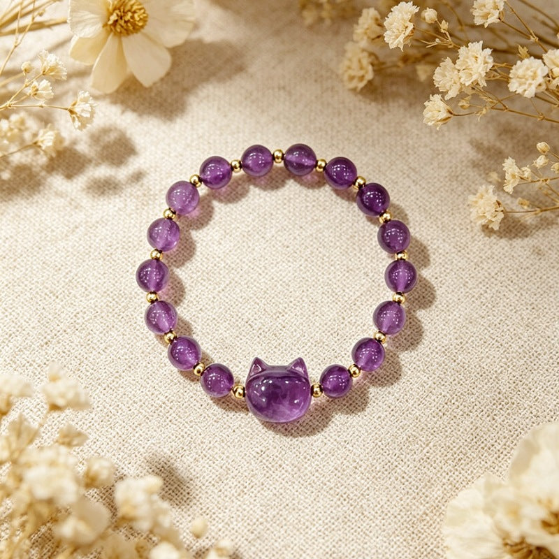 Cute Cat Pattern Natural Stone Bracelets For Women, Polished Finish, Perfect For Valentine's Day