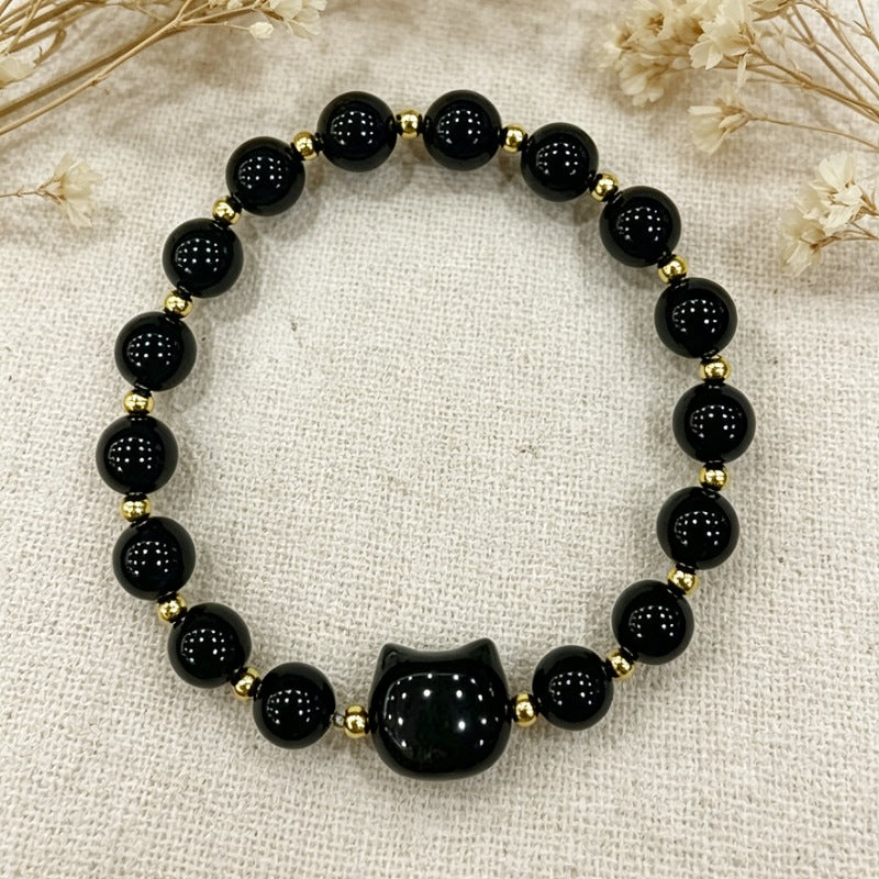 Cute Cat Pattern Natural Stone Bracelets For Women, Polished Finish, Perfect For Valentine's Day