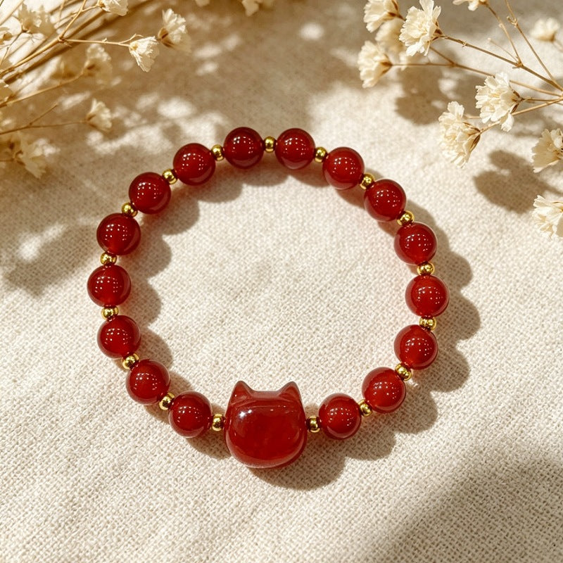 Cute Cat Pattern Natural Stone Bracelets For Women, Polished Finish, Perfect For Valentine's Day