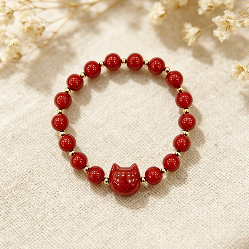 Cute Cat Pattern Natural Stone Bracelets For Women, Polished Finish, Perfect For Valentine's Day