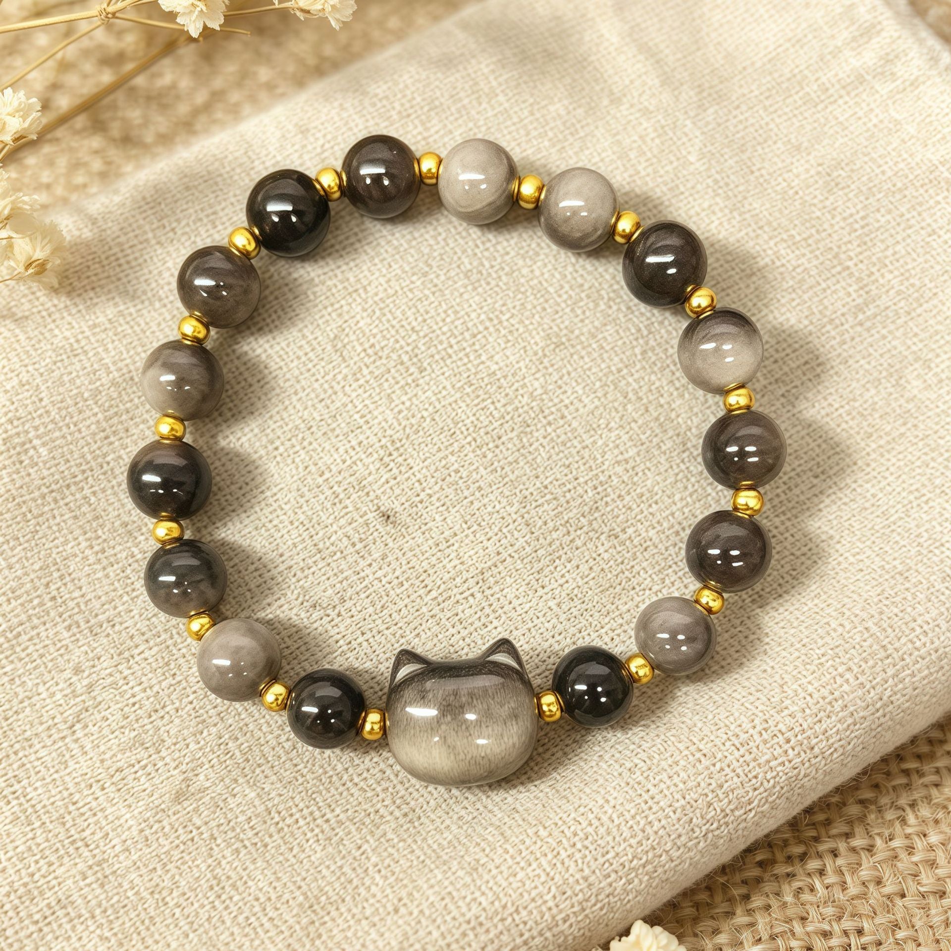 Cute Cat Pattern Natural Stone Bracelets For Women, Polished Finish, Perfect For Valentine's Day