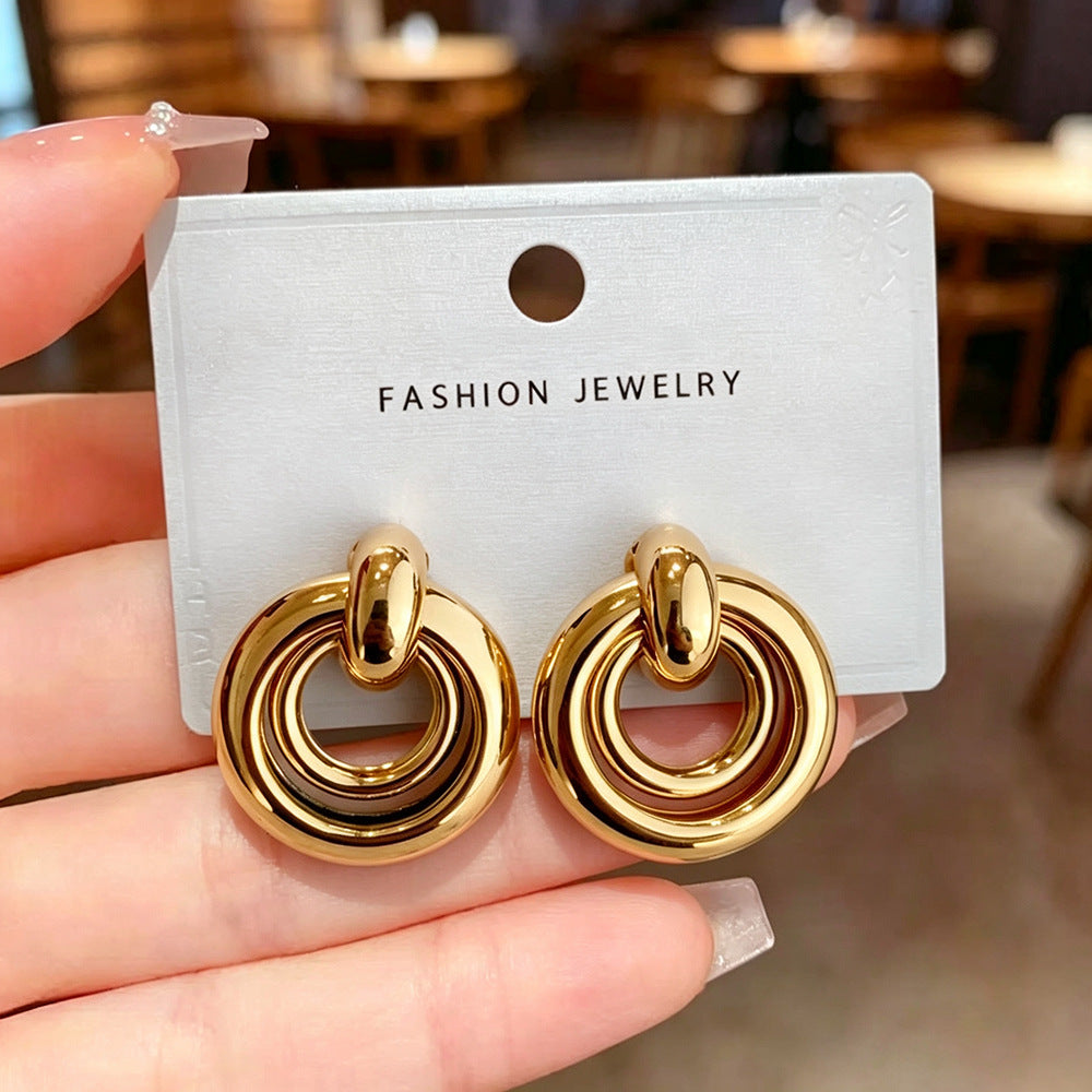 Double Ring Earrings For Women Featuring Electroplated Gold Finish And Copper Alloy With Copper Ear Pins