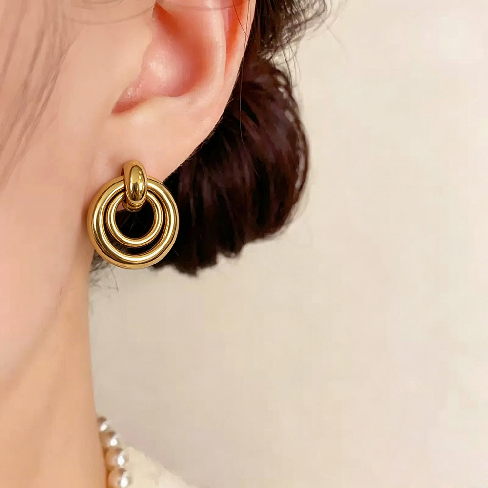 Double Ring Earrings For Women Featuring Electroplated Gold Finish And Copper Alloy With Copper Ear Pins