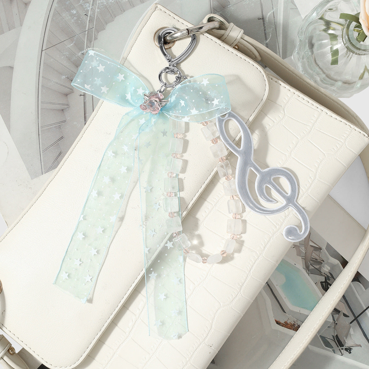 Blue Bow Tie Key Chain Made Of Polyester Featuring Natural Stone Inlay