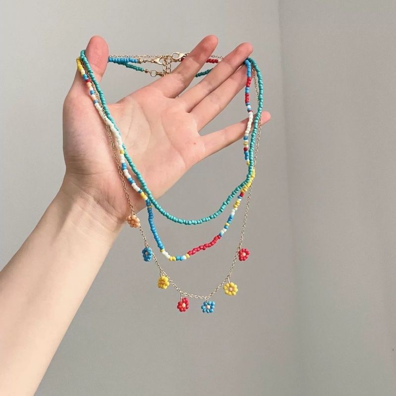 Bohemian Flowers Necklace For Women With Acrylic Beading And Alloy Pendant On Beaded Chain In Colour