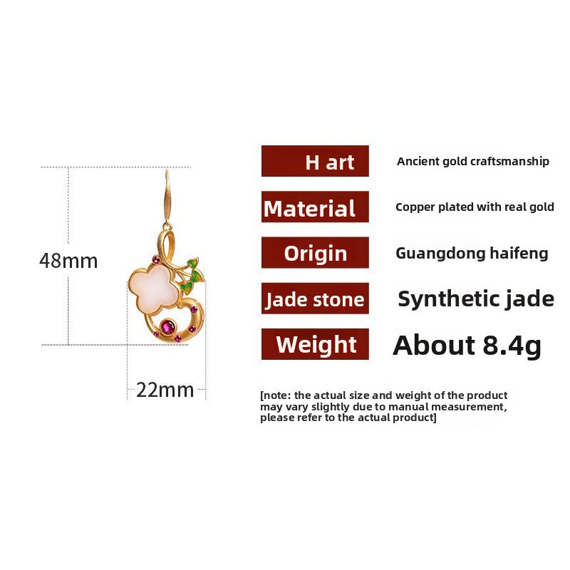 Lucky Heart Drop Earrings For Women In 24K Real Gold Plated With Copper Ear Pins Featuring Imitation Jade Glass Beads