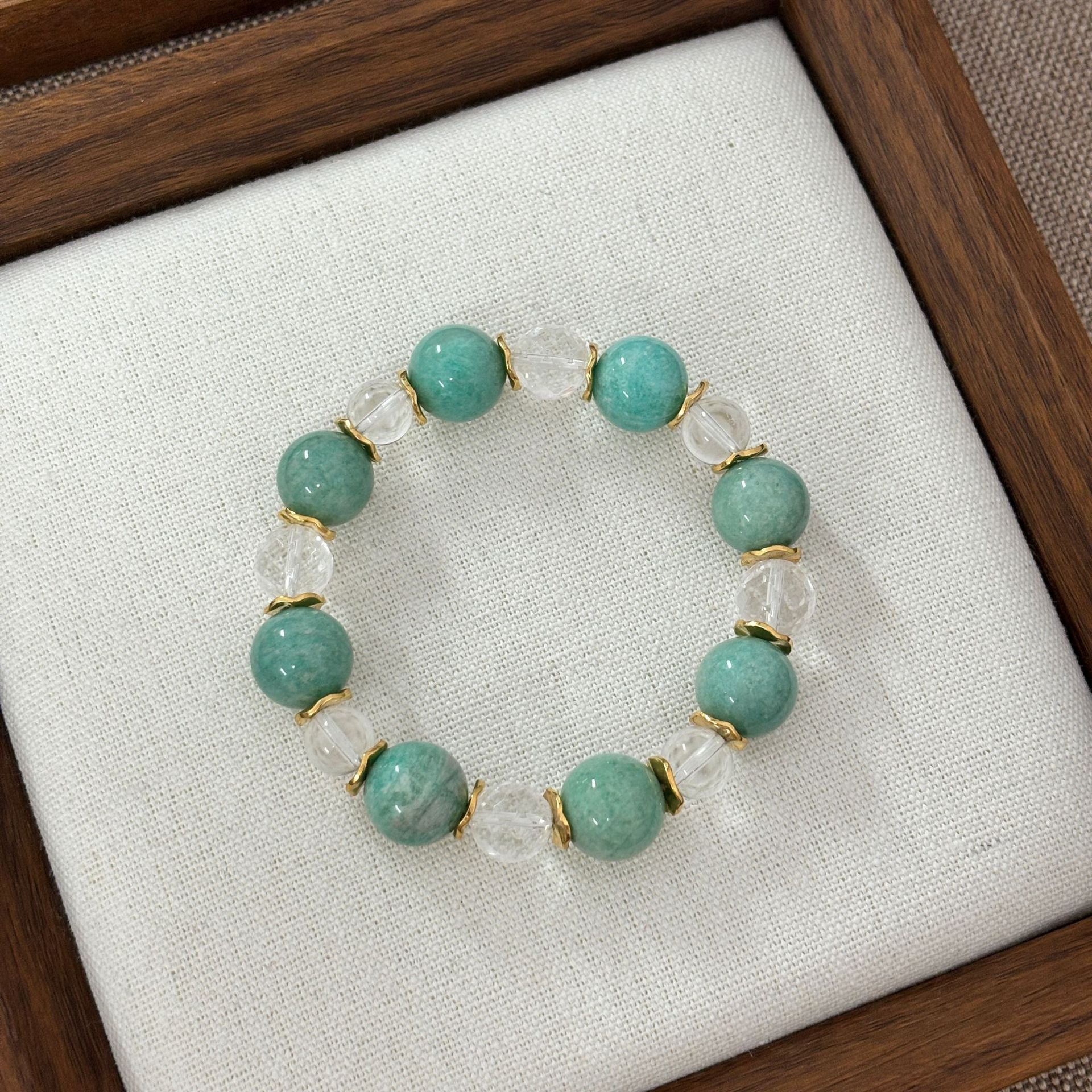 Handmade Color Block Bracelet For Women Featuring White Crystal Inlay In Light Green Crystal