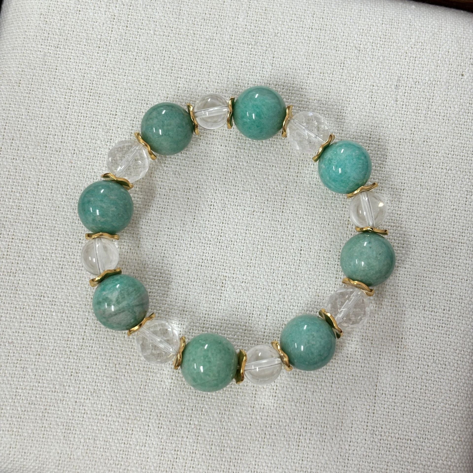 Handmade Color Block Bracelet For Women Featuring White Crystal Inlay In Light Green Crystal