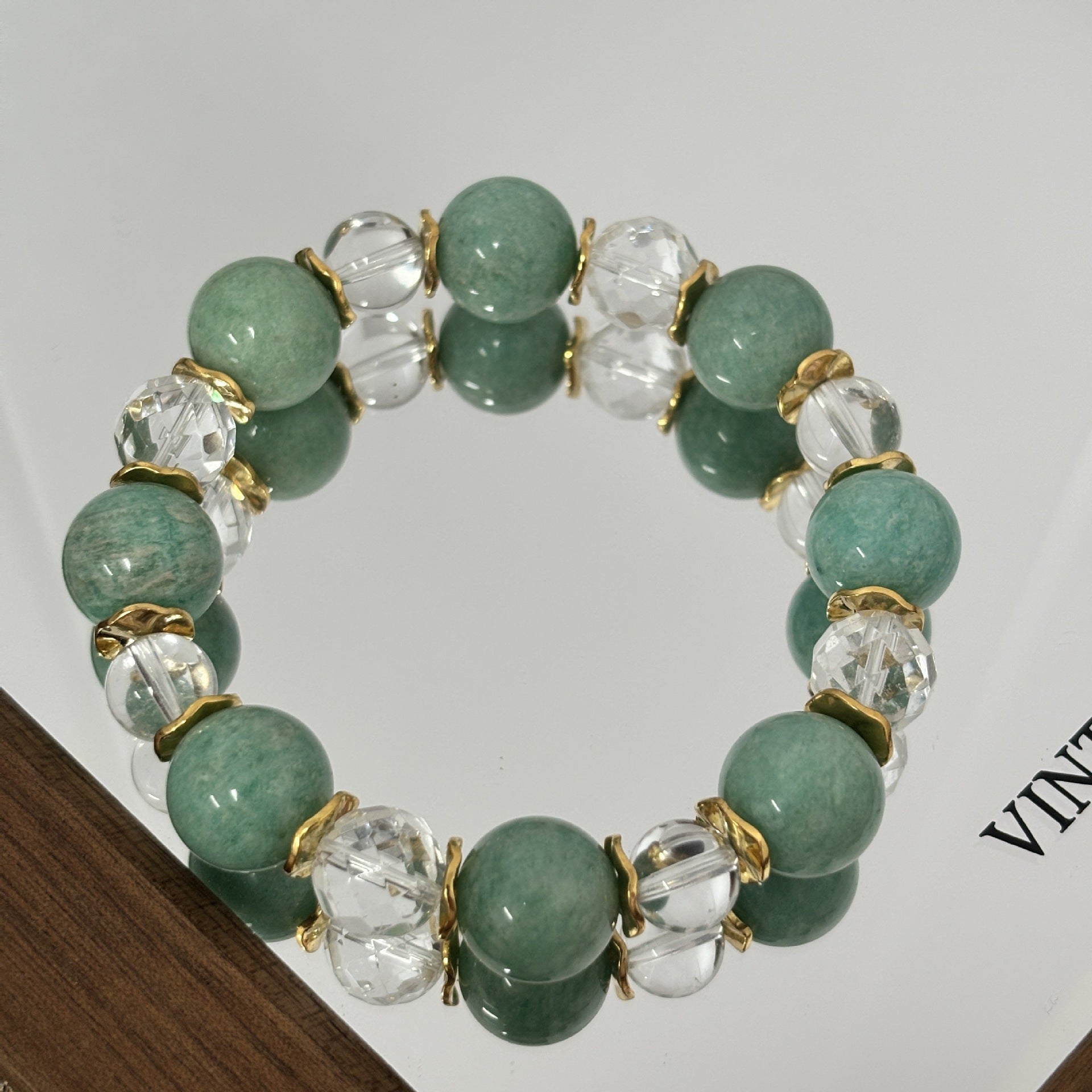 Handmade Color Block Bracelet For Women Featuring White Crystal Inlay In Light Green Crystal