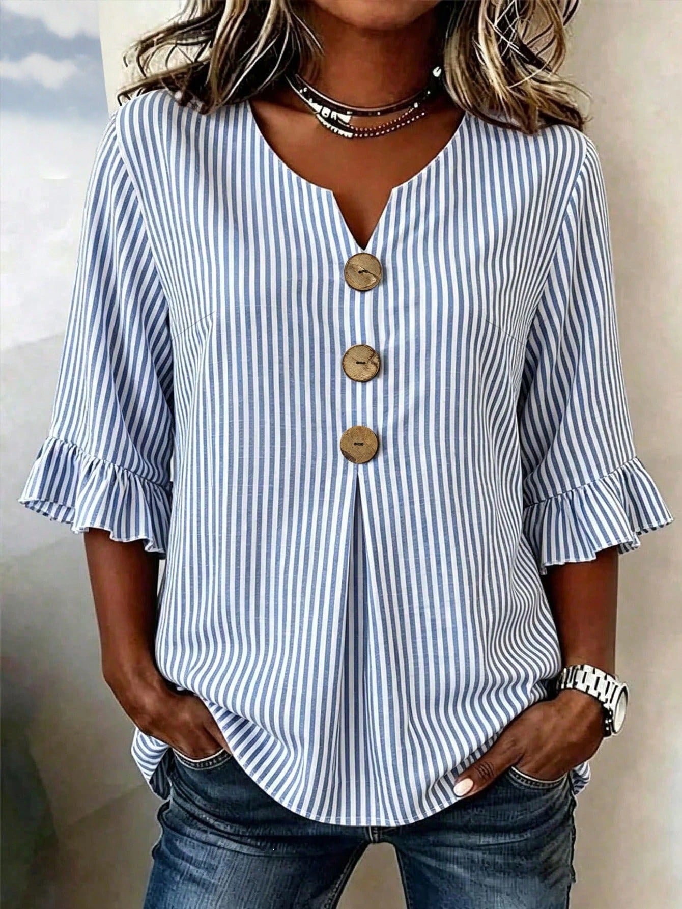 Elegant Stripe Blouse With Ruffles In Half Sleeve, Made Of Polyester For Women