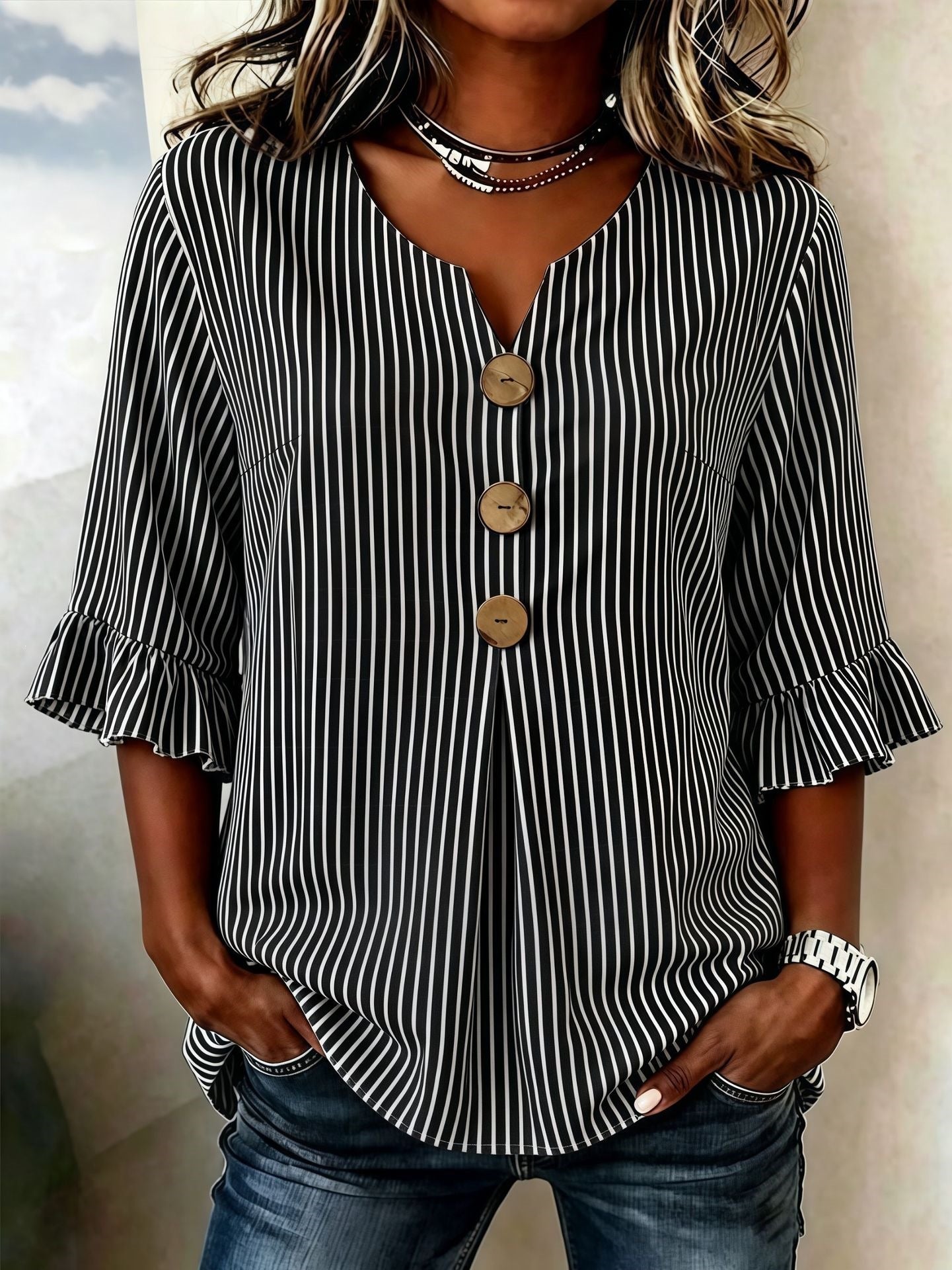 Elegant Stripe Blouse With Ruffles In Half Sleeve, Made Of Polyester For Women