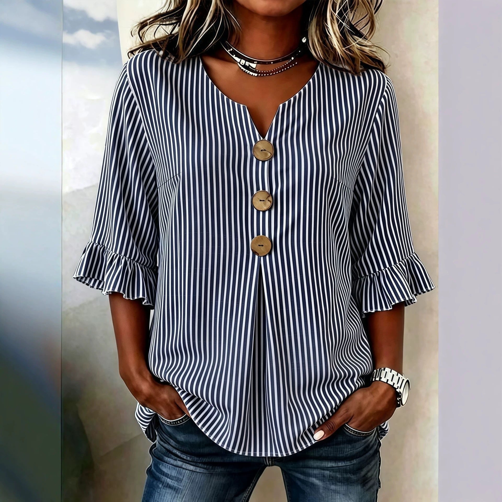 Elegant Stripe Blouse With Ruffles In Half Sleeve, Made Of Polyester For Women