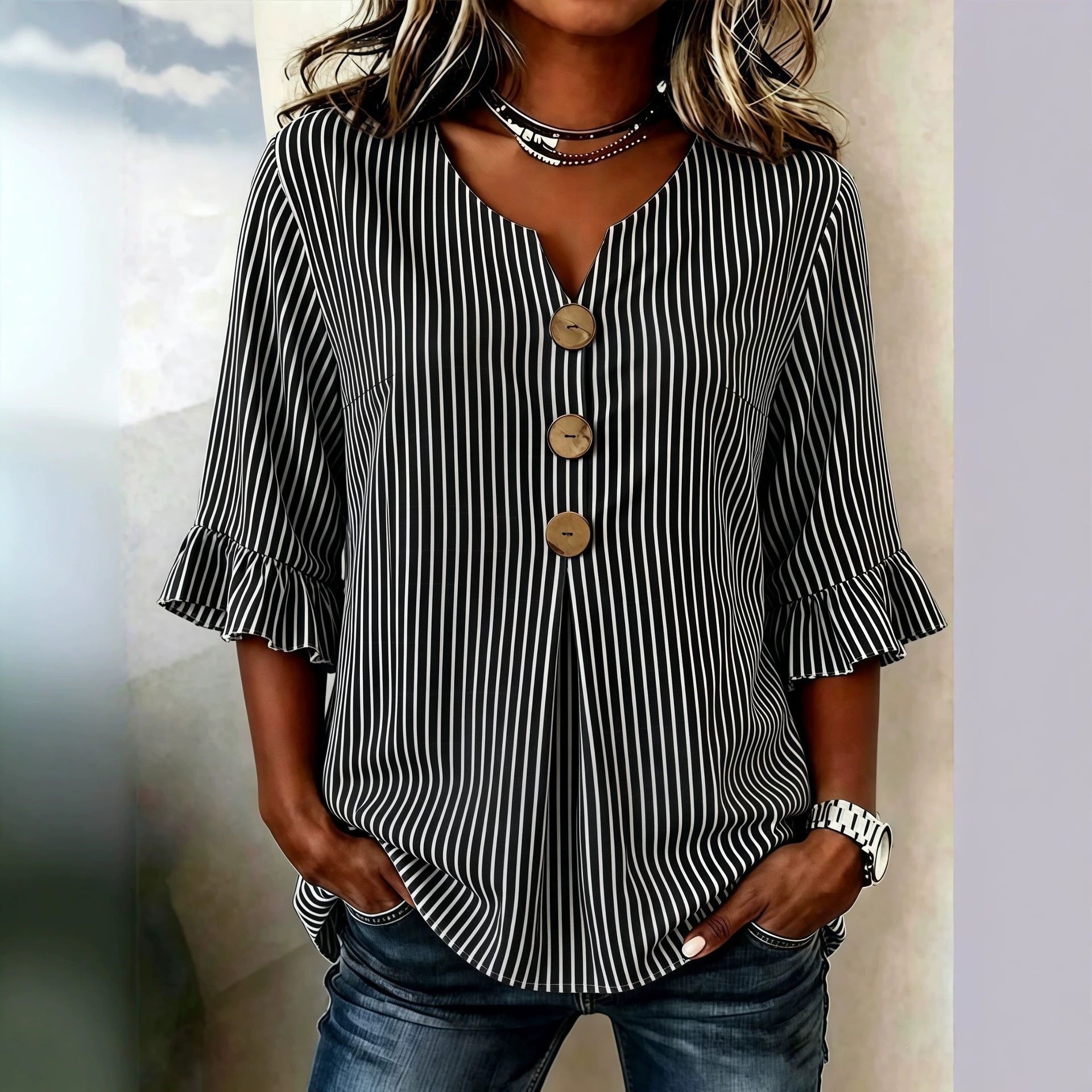 Elegant Stripe Blouse With Ruffles In Half Sleeve, Made Of Polyester For Women