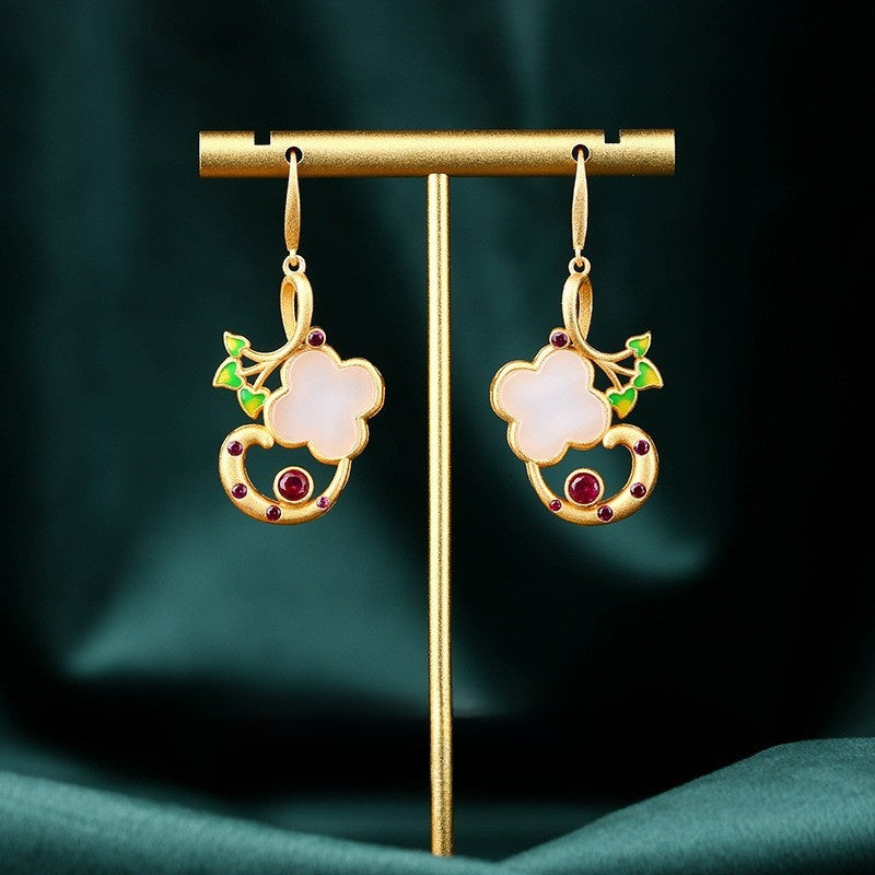 Lucky Heart Drop Earrings For Women In 24K Real Gold Plated With Copper Ear Pins Featuring Imitation Jade Glass Beads