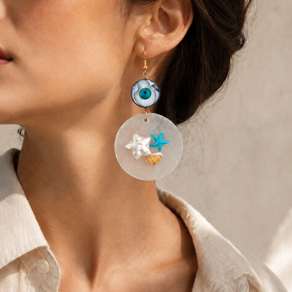 Devil's Eye Luxurious Blue Shell Drop Earrings For Women Featuring Shell Inlay
