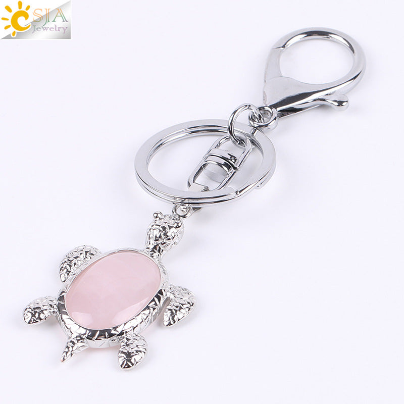 Multicolor Tortoise Key Chain For New Year Featuring Metal Material With Natural Stone Inlay