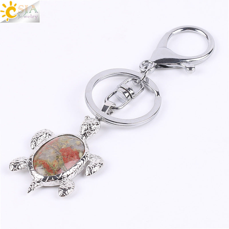 Multicolor Tortoise Key Chain For New Year Featuring Metal Material With Natural Stone Inlay