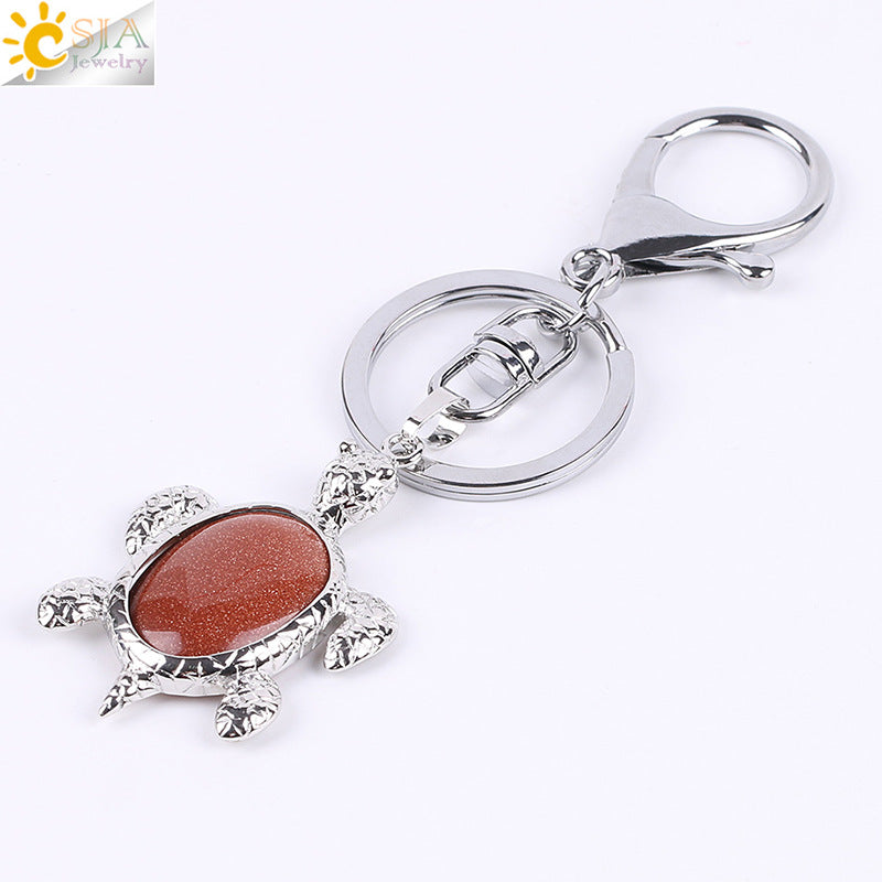 Multicolor Tortoise Key Chain For New Year Featuring Metal Material With Natural Stone Inlay