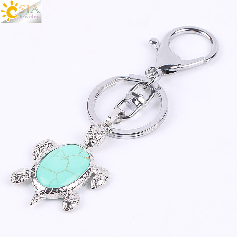Multicolor Tortoise Key Chain For New Year Featuring Metal Material With Natural Stone Inlay