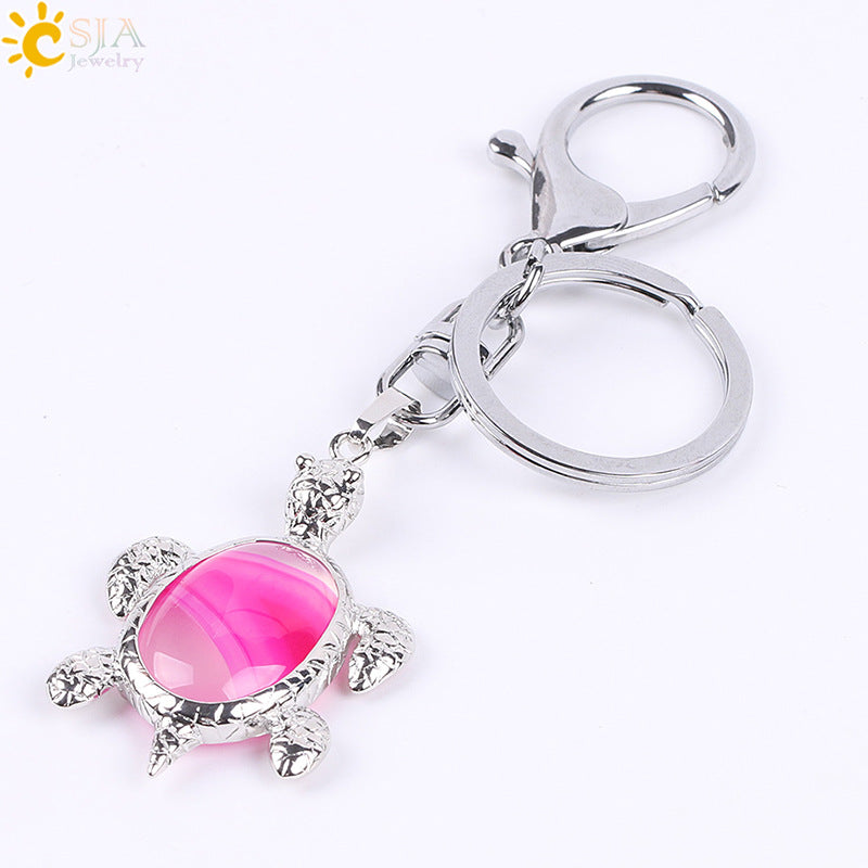 Multicolor Tortoise Key Chain For New Year Featuring Metal Material With Natural Stone Inlay