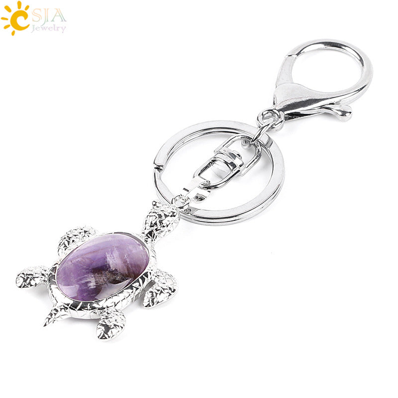 Multicolor Tortoise Key Chain For New Year Featuring Metal Material With Natural Stone Inlay