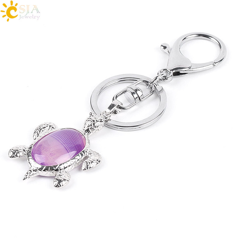 Multicolor Tortoise Key Chain For New Year Featuring Metal Material With Natural Stone Inlay