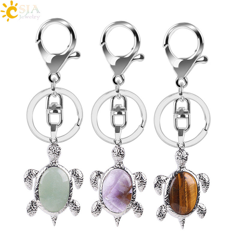 Multicolor Tortoise Key Chain For New Year Featuring Metal Material With Natural Stone Inlay